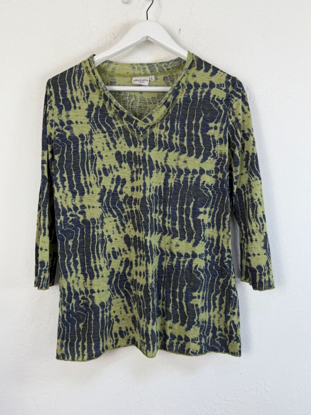 Prairie Cotton Womens Navy Green Abstract Print V-Neck 3/4 Sleeve Top Large